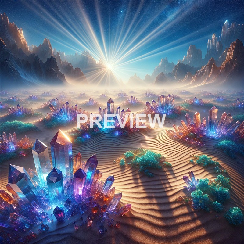 A surreal landscape featuring glowing, colorful crystal formations scattered across rippled sand dunes with mountains and a bright, starburst sun in the background.